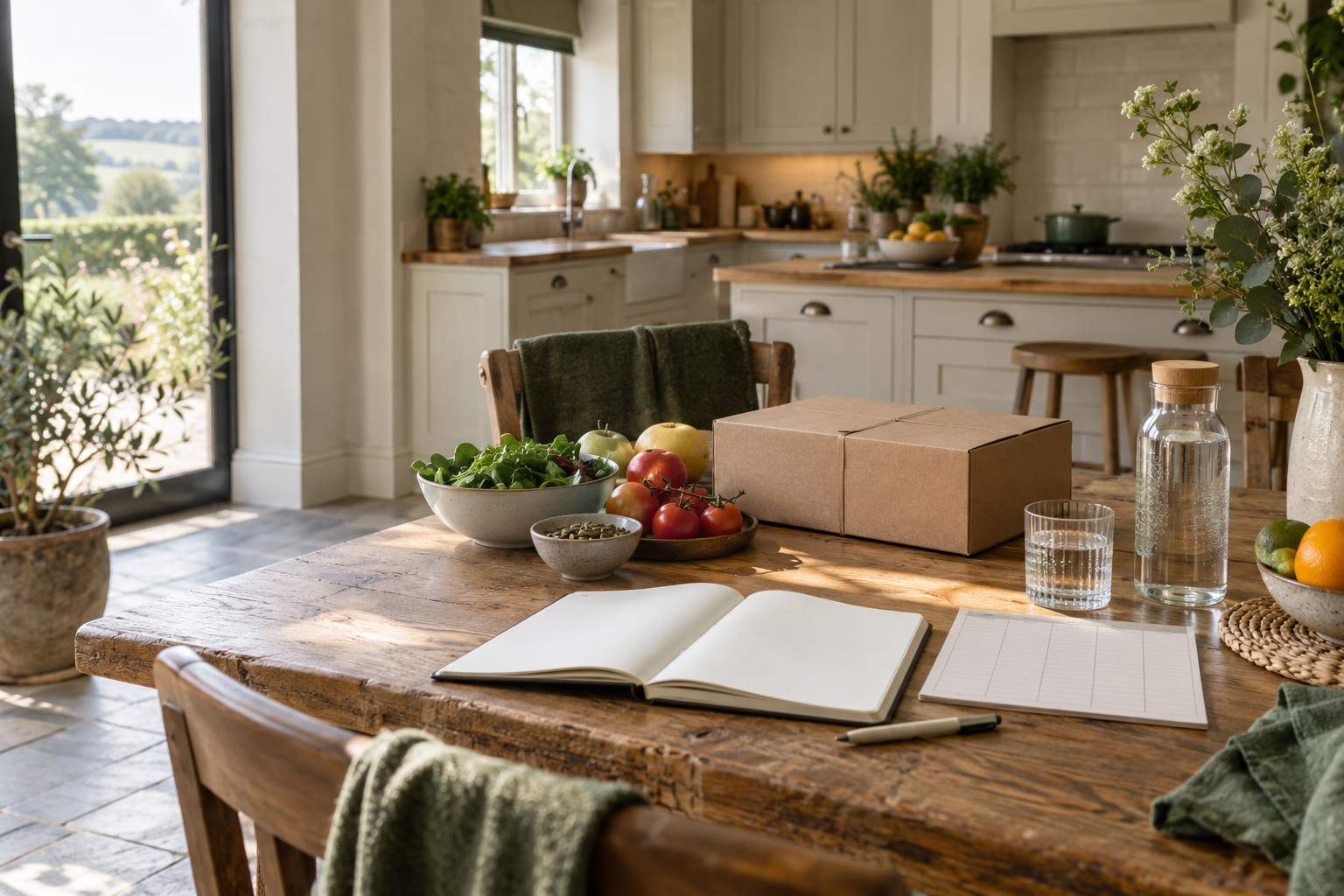 An Optimise welcome package and notebook in a calm home kitchen